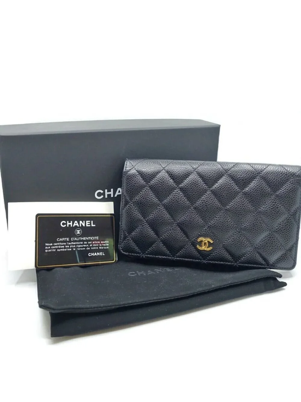 Chanel Quilted Bifold Wallet Black Gold Caviar Leather CC Logo